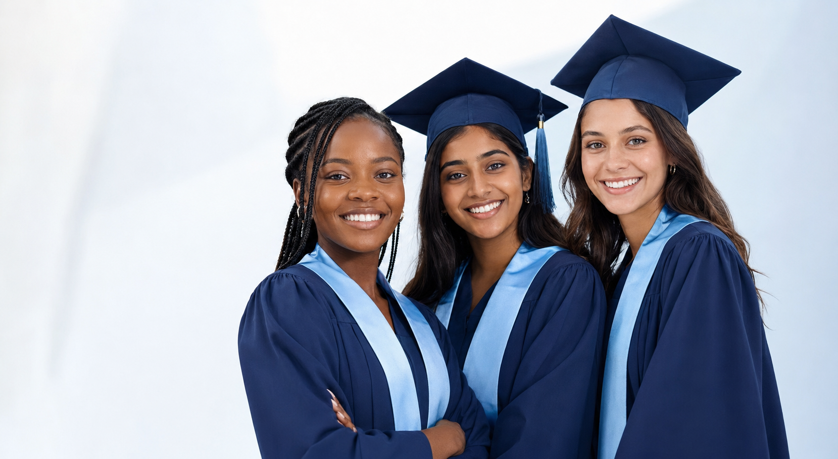 Three South African women graduates from different ethnic backgrounds wearing navy graduation gowns